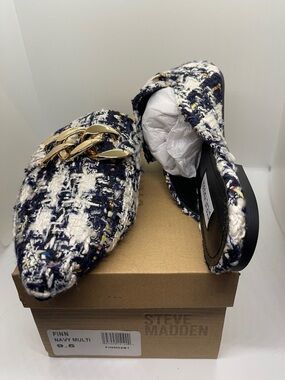 Steve Madden Navy Black Multi Tweed Chain-Trim Loafers size 9.5 New In Box
